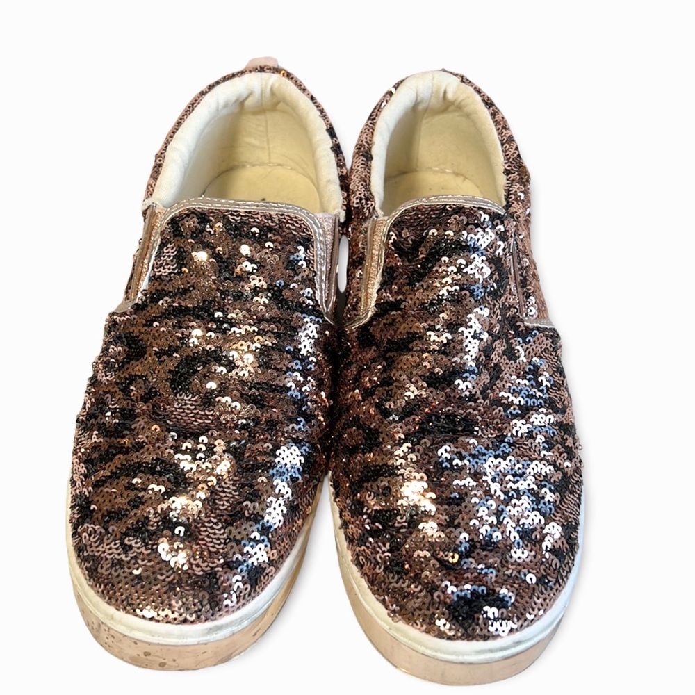 Leopard PatternRose Gold & Black Sequin Slip On Sneakers Sz 8